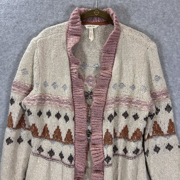 Matilda Jane Womens Jacie Ruffled Knit Cardigan Sweater L Wool Blend Boho Aztec - Picture 15 of 16